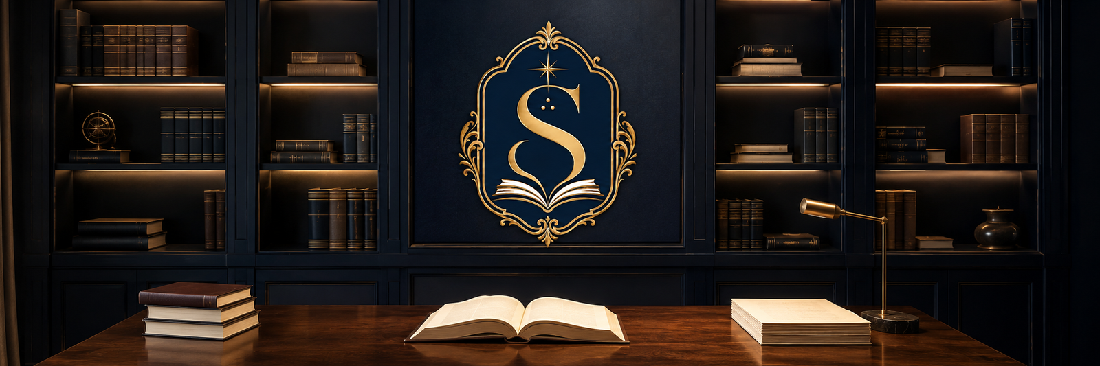 Biblioteca institucional da Editora Signa, com sua identidade visual em azul-marinho e dourado.